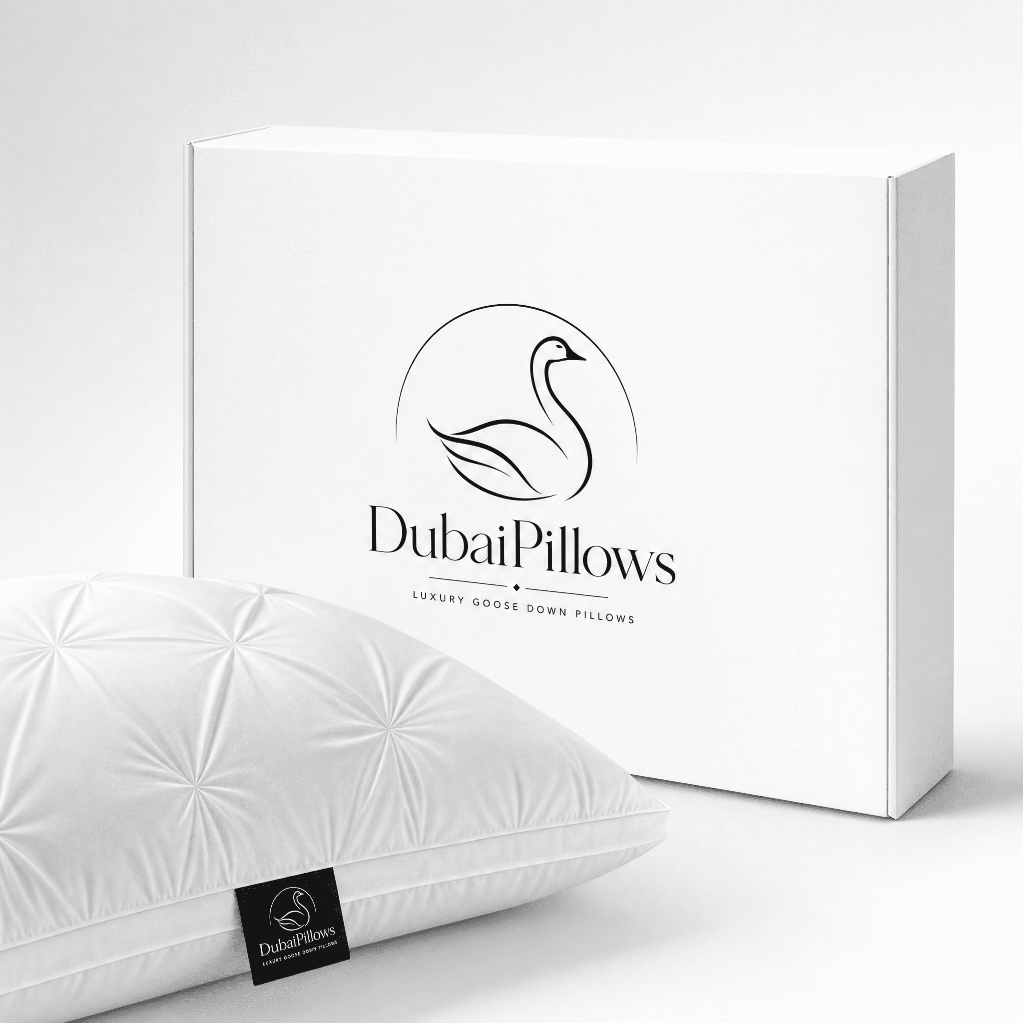 Luxury Dubai Pillows packaging with swan logo